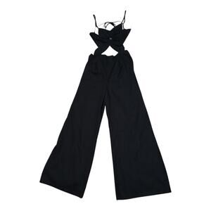 Steps New York Black Cutout Wide Leg Jumpsuit Size L Linen Blend Y2K Evening